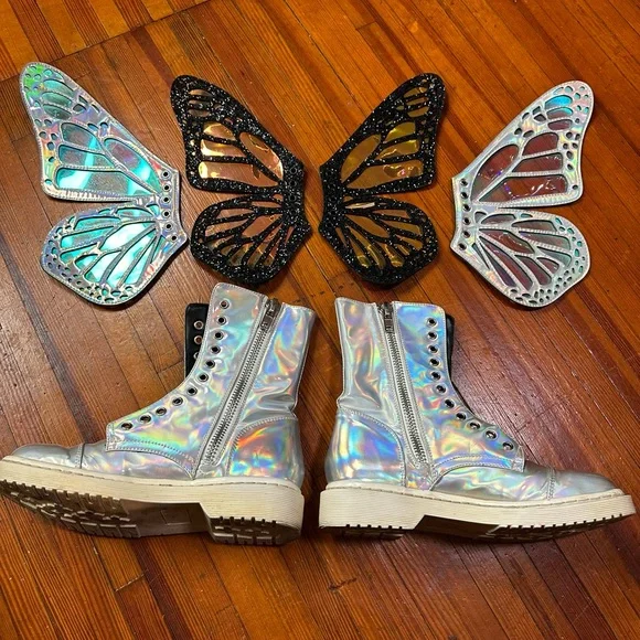 Current mood butterfly boots rave festival fairy wing holographic holiday silver - Picture 2 of 11